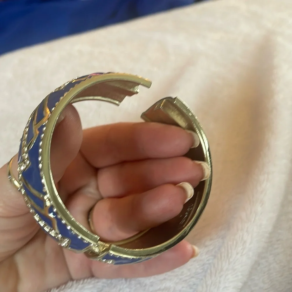New Sequin enamel bangle bracelet art deco design blue and gold with rhinestones